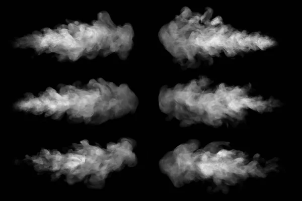 准备好了蒸汽或抽象的白烟在上方升起的特写 从加湿剂喷雾中可以清楚地看到旋涡的水滴 在黑色背景上被隔离 — 图库照片