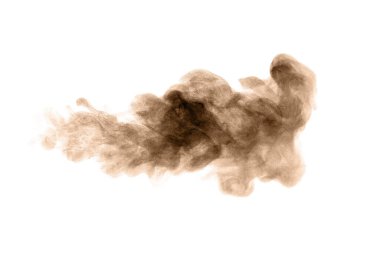 Kahverengi toz tozu patlaması. Doku soyut ve su sıçramaları yüzüyor. beyaz arkaplanda