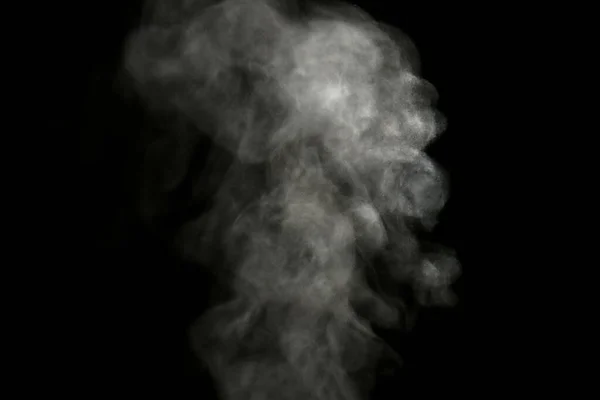 Hűvös Fehér Gőzfüst Emelkedik Spray Fekete Alapon Elszigetelve — Stock Fotó