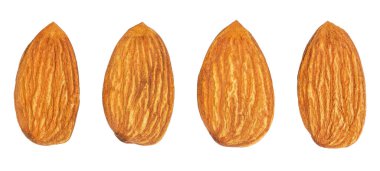 Çiğ bademli fındık koleksiyonu. Makro sağlıklı gıda malzemeleri. Beyaz bir arka planda izole edilmiş. kırpma yolu ile.