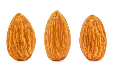 Çiğ bademli fındık koleksiyonu. Makro sağlıklı gıda malzemeleri. Beyaz bir arka planda izole edilmiş. kırpma yolu ile.