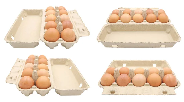 Conjunto Diez Huevos Marrones Frescos Envasados Paquete Caja Cartón Aislado — Foto de Stock