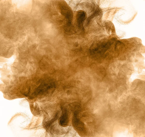 Výbuch Hnědého Černého Prachu Textura Abstraktní Šplouchá Bílém Pozadí — Stock fotografie