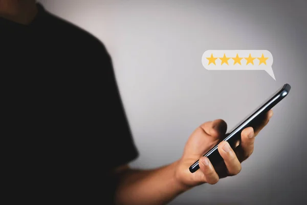 Positive Customer Reviews Touch Mobile Screen Satisfaction Survey Concept Leave — Fotografia de Stock