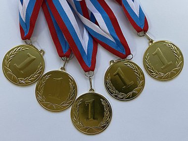 Gri arkaplanda beyaz-mavi-kırmızı kurdeleyle birinci ve ikinci olmak üzere iki madalya.. 