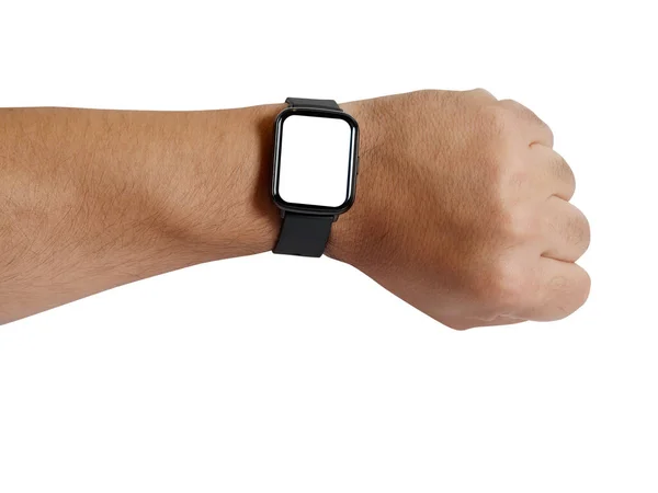 Brazo Masculino Usando Mostrando Smartwatch Con Pantalla Blanco Aislado Blanco — Foto de Stock