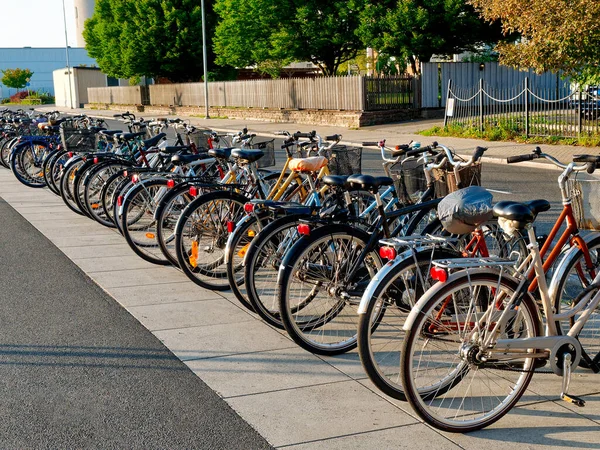 Ποδήλατα Της Πόλης Ομάδα Ποδηλάτων Ένα Χώρο Στάθμευσης Στη Σειρά — Φωτογραφία Αρχείου