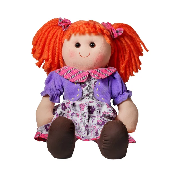 Curly Cute Rag Doll Toy Smile Sit Isolated White Studio — Stock Photo, Image