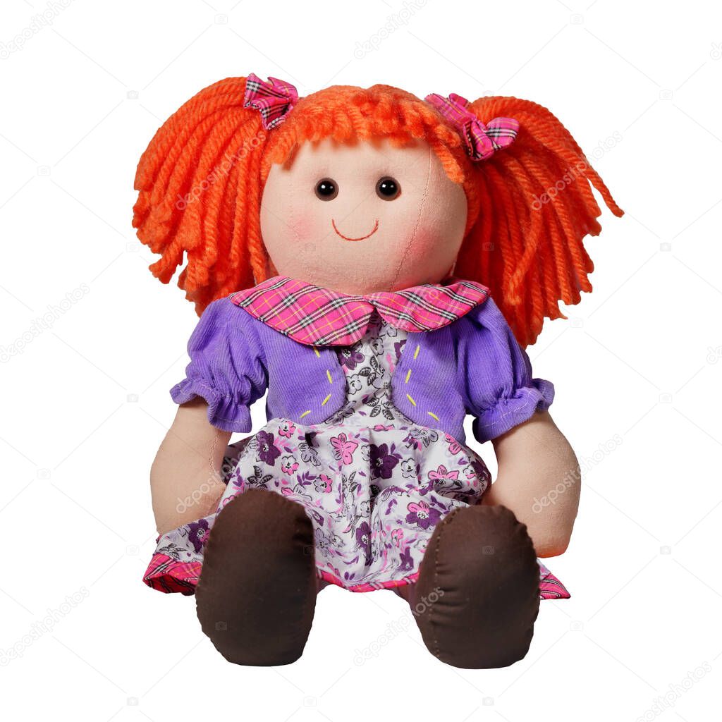 Curly cute rag doll toy smile and sit isolated on white studio shot