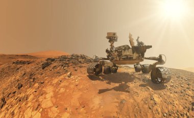 Mars. Gerçek bir Mars manzarasının arka planına karşı. Mars Görevi 'ni keşfediyorum. Mars 'taki koloni. NASA tarafından desteklenen bu videonun elementleri.