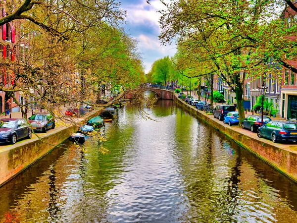 Amsterdam 'daki kanal Hollanda Panoama manzara nehri