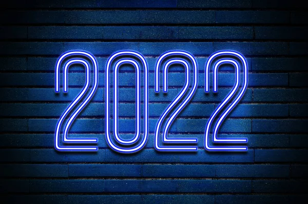 2022 Tuğla Duvarda Parlayan Mavi Neon Metin — Stok fotoğraf