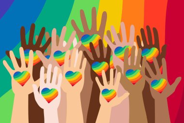 Arka planda gökkuşağı kalpli barış bayrağı tutan eller havaya. İnsan hakları, lgbt gurur günü vektör illüstrasyonu