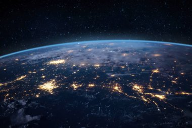 Dünya 'nın atmosferi uzay açısından Dünya' ya bakıyor. Şehir ışıkları. Bu görüntünün elementleri NASA tarafından döşendi..