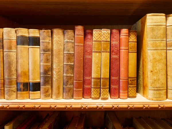 Old Ancient Books Wooden Shelf Collection — Stock Photo, Image