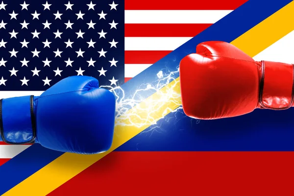 Concept image Conflict between russia and usa or America on Ukrainian border. Crisis concept. Boxing gloves ready to fight