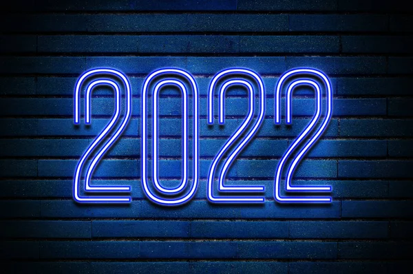 2022 Tuğla Duvarda Parlayan Mavi Neon Metin — Stok fotoğraf