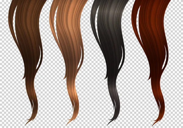 Vektor uppsättning vågiga strängar av färgglada hår lås. Realistisk 3D illustration av frisyr prover. Design Element för frisörer, Skönhetssalonger, Hårvård Kosmetika, Schampo eller balsam Förpackningar — Stock vektor