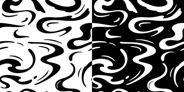 Conjunto de dos patrones sin costura de vectores en blanco y negro con ondas de agua abstractas — Vector de stock