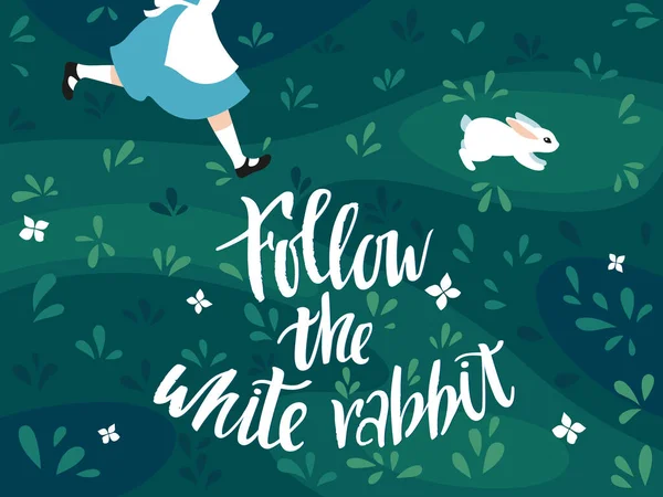 Følg Den Hvide Kanin. Vektorillustration. Pigen Alice løber efter den hvide kanin. Håndskriftsfrase. Print til påskekort, plakater og bannere Royaltyfrie stock-vektorer