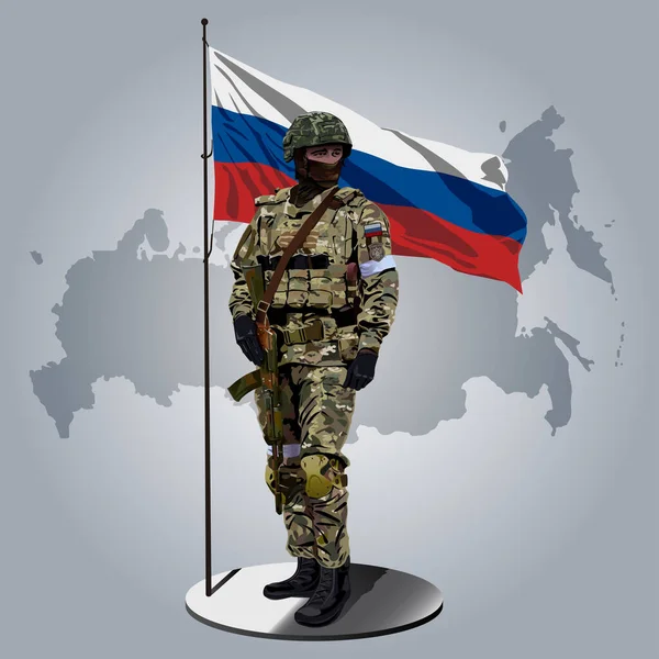 Russischer Soldat Mit Russischer Fahne Dahinter — Stockvektor