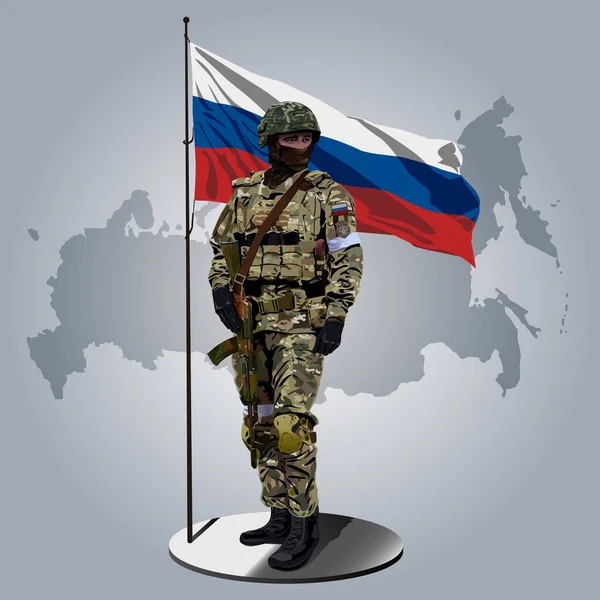 Arkasında Rus bayrağı olan Rus askeri