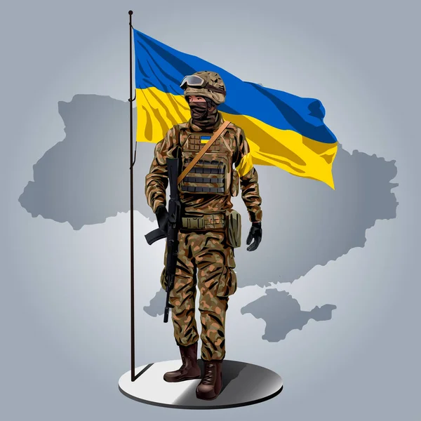 Ukrainska Soldat Med Ukrainska Flagga Och Karta Bakom — Stock vektor