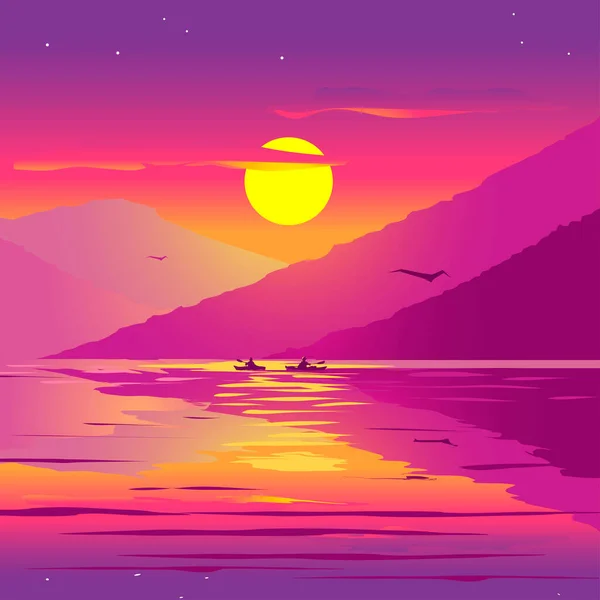 Sommersonnenuntergang Auf Einem See Lila Hintergrundfarben — Stockvektor