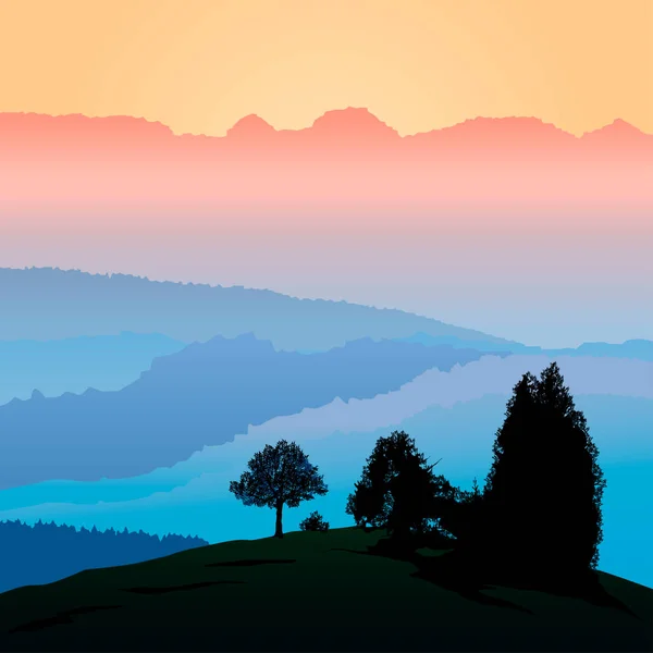 Coucher Soleil Été Sur Les Montagnes Couleurs Fond Violet Bleu — Image vectorielle