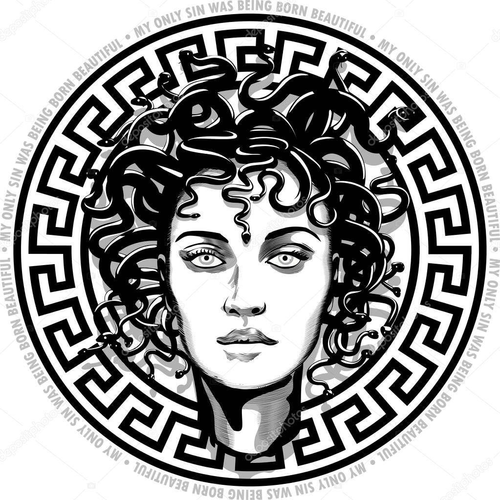 Medusa, My only sin was being born beautiful, mythology, feminism, vector, draw, Handmade drawing,
