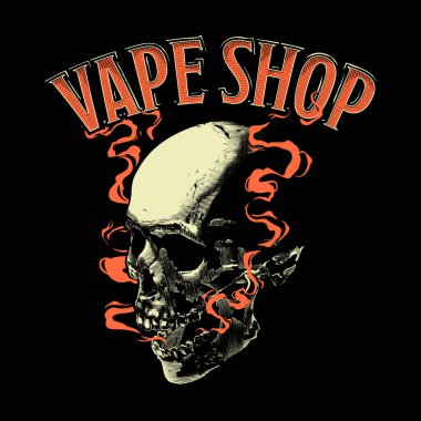 Yelek dükkanı kafatası, Vaper illüstrasyon, vape shop, vape skull, vektör, illüstrasyon