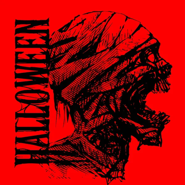 Cadılar bayramı, mezardan siyah ve kırmızı renklerde çığlık atan bir mumyanın vahşi bir görüntüsü. Anneciğim. Vector Horror Illustration - Cadılar Bayramı için mumya. Efekt