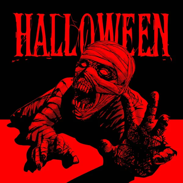 Cadılar Bayramı mumyası, mezardan siyah ve kırmızı renklerde çığlık atan bir mumyanın vahşi bir görüntüsü. Anneciğim. Vector Horror Illustration. Efekt