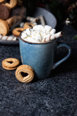 Kırsal seramik kupa ve krem şantili sıcak çikolata içeceği..