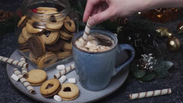 Tazza di ceramica rustica con una bevanda di cioccolata calda a con marshmallow. — Video Stock