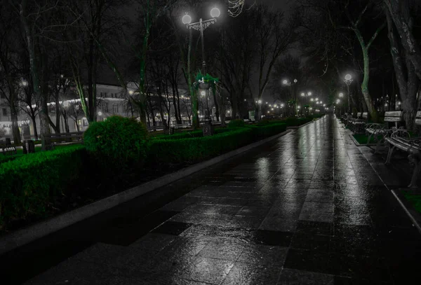 夜雨の後の提灯の光の市内中心部 — ストック写真
