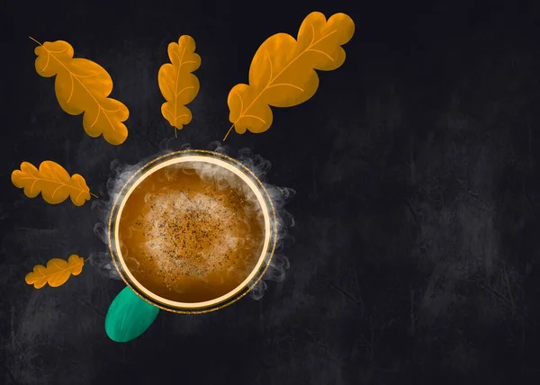 Illustration, cup of hot coffee, yellow crimson leaves, autumn mood.