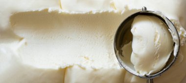 Dondurma arkaplan, üst manzara, kepçe. Yüksek kalite fotoğraf