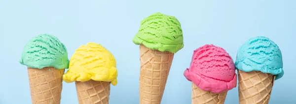 Colorful Ice Cream Scoops Cones Bright Blue Background Top View — 스톡 사진