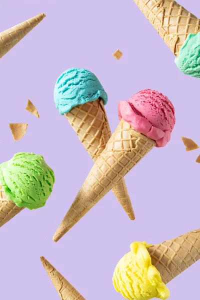 Flying Colorful Ice Cream Scoops Cones Bright Background Levitation High — 图库照片