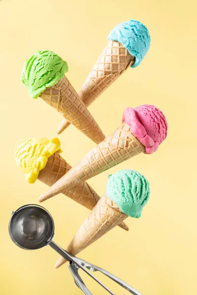 Flying Colorful Ice Cream Scoops Cones Bright Background Levitation High — Fotografia de Stock