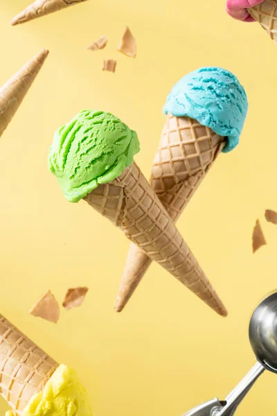 Flying Colorful Ice Cream Scoops Cones Bright Background Levitation High — Foto Stock