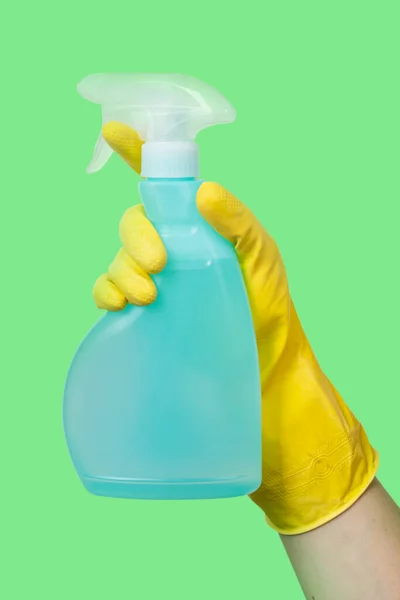 Cleaning Concept Hand Yellow Cleaning Gloves Holds Spray Bottle Isolated — ストック写真