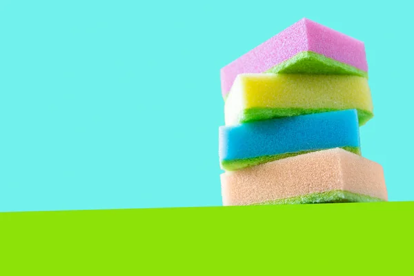 Cleaning Concept Colorful Dishwashing Sponges Bright Background Copy Space — Fotografia de Stock