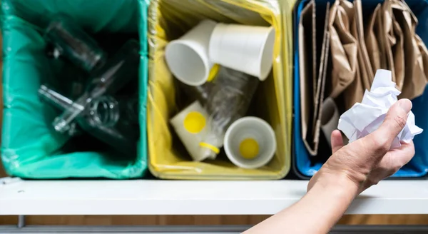 Recycling Concept Female Sorts Plastic Glass Paper Colored Bins — Foto de Stock