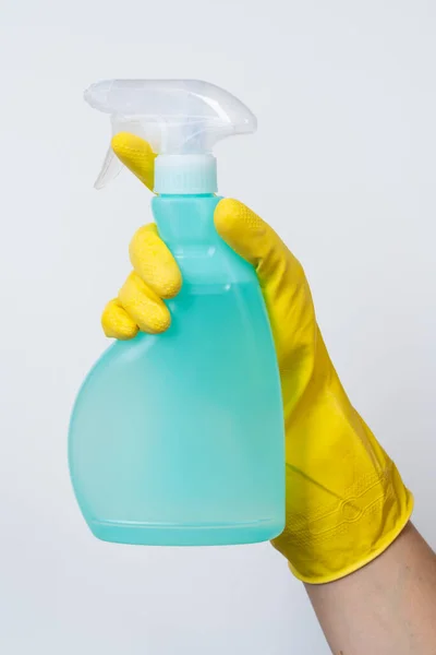 Cleaning Concept Hand Yellow Cleaning Gloves Holds Spray Bottle Isolated — Photo