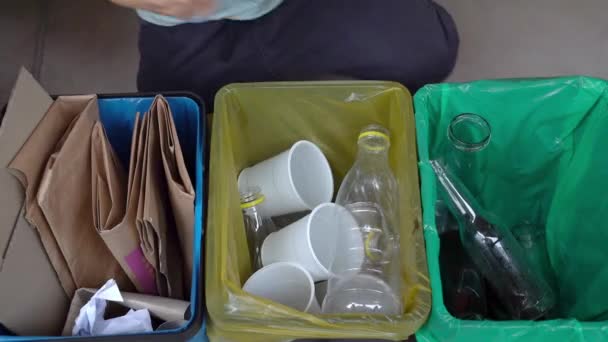 Recycling Concept Boy Sorts Plastic Glass Paper Colored Bins — 图库视频影像