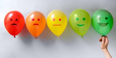 CUstomer feedback concept - colorful balloons from red to green with emojis. High quality photo