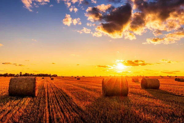 Ett Fält Med Höstack Höstkväll Med Mulen Himmel Bakgrunden Vid — Stockfoto