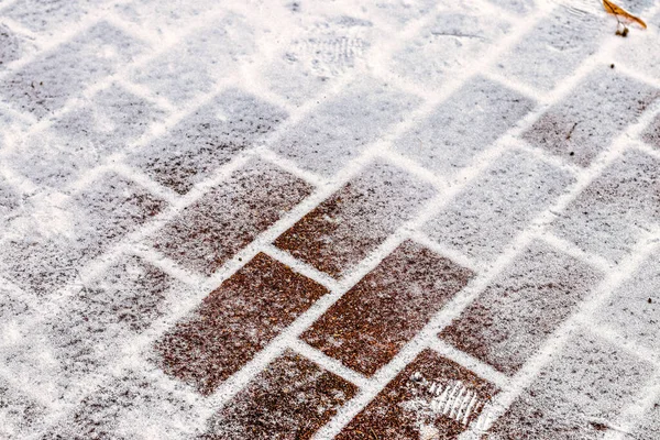 Textura Del Camino Empedrado Cubierto Con Primera Nieve Invierno Fondo —  Fotos de Stock